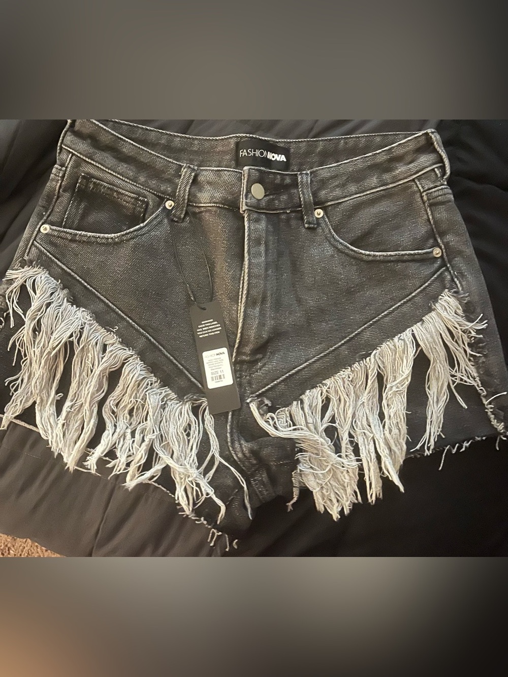 Fashion Nova Black Denim Fringe High-Rise Shorts Sz 11